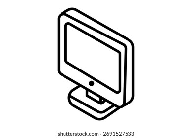 The image shows a 3D computer monitor icon. It is designed with bold black outlines in an isometric perspective