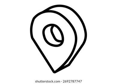 Das Bild zeigt ein Pin-Symbol für die 3D-Position. Es ist mit dicken schwarzen Umrissen in einer isometrischen Perspektive gezeichnet, die eine Kartenmarkierung oder ein GPS-Symbol darstellt.
