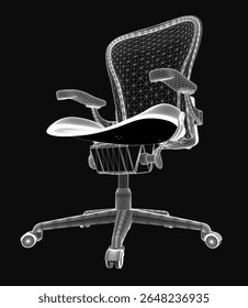 A imagem mostra um modelo 3D de uma cadeira sobre um fundo preto. A cadeira tem um design moderno e elegante com um encosto curvo e braços, e um assento e encosto de malha para conforto.
