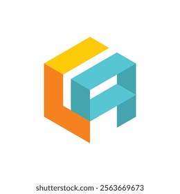 The image shows a 3D monogram logo design of an initial letter CA in hexagonal shape in blue and yellow color that looks clean and sharp on a white background