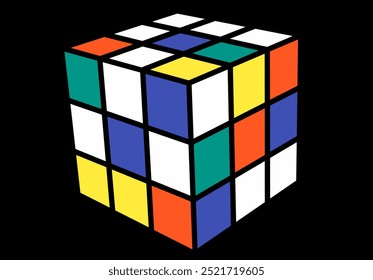 A imagem mostra um Cubo de Rubik 3D com quadrados coloridos aleatoriamente em cada lado visível. Os cubos apresentam cores clássicas, como branco, vermelho, azul, amarelo, verde e laranja, organizadas aleatoriamente.