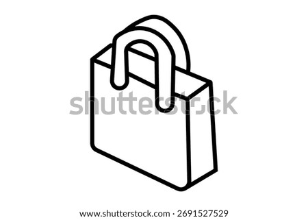 The image shows a 3D shopping bag icon. It is drawn with bold black outlines in an isometric perspective.