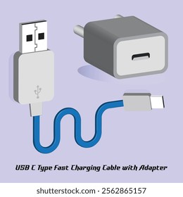 The image shows a 3D USB C Type fast charging cable with an adapter. The cable is blue and has a USB Type-A connector on one end and a USB Type-C connector on the other.isolated on  purple background.