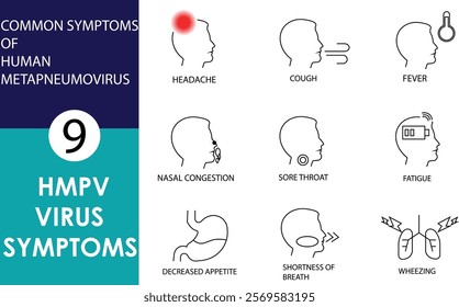 The image shows 9 HMPV virus symptoms with labeled icons: headache, cough, fever, nasal congestion, sore throat, fatigue, decreased appetite, shortness of breath, and wheezing