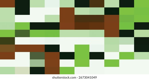 Das Bild zeigt eine abstrakte Komposition mit verpixeltem Design, die eine Mischung aus grünen, braunen und weißen Farben aufweist.