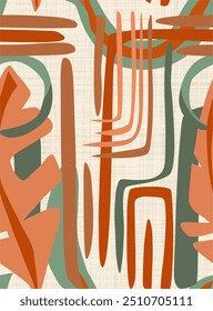 Das Bild zeigt ein abstraktes Design mit verschiedenen organischen und geometrischen Formen in Erdtönen wie Orange, Braun und Grün. 