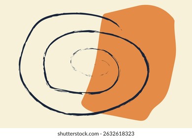 Image shows an abstract drawing with a blue spiral and an orange irregular shape on a tan background