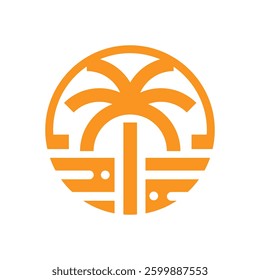 The image shows an abstract flat logo design of a palm tree on an oasis in round shape. The logo looks clean and sharp in orange color on a white background.