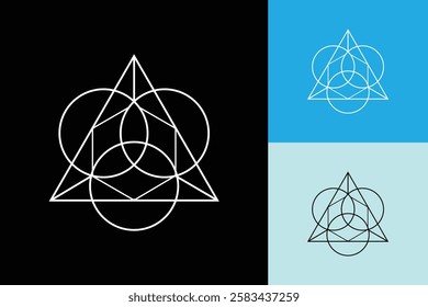 The image shows an abstract geometric logo design of a hexagonal triangle circle shapes in white color on a black background