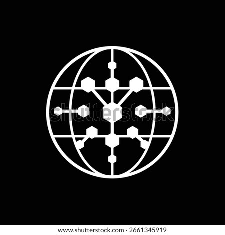 The image shows an abstract geometrical logo of connected hexagonal shape inside a globe. It looks clean and modern on a black background and can be used for crypto logo. 