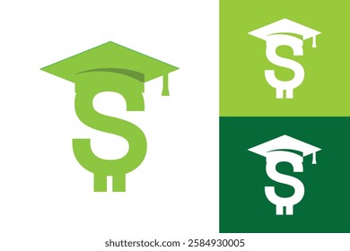 The image shows an abstract logo design of an initial letter S that wearing a toga cap that looks fresh and clean in green color on a white background