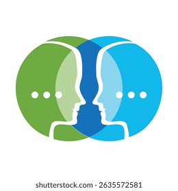 The image shows an abstract logo design two faces in overlapped round circle shapes in green and blue color. The logo looks clean on a white background and can be used for psychology related purposes.