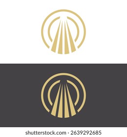 
The image shows an abstract logo design in round shape of a search light or spotlight coming from above in brown color that looks clean on a white background

