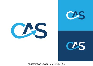 The image shows an abstract monogram logo design of initial letters CAS in blue color with an arrow that looks bold and sharp on a white background