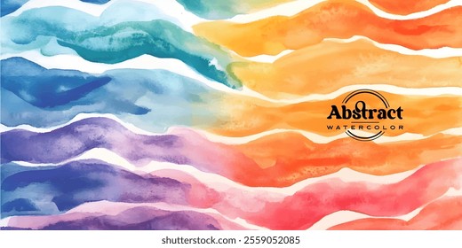 The image shows an abstract watercolor painting with colorful wavy horizontal bands blending seamlessly from cool blues and purples to warm oranges and reds.