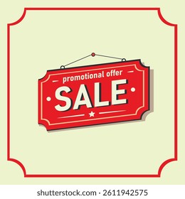 The image shows an advertising banner with the words "SALE" in the center. The banner is red with white text, stylized as a hanging sign.  Vector illustrator EPS 10