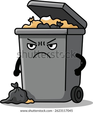 The image shows an animated angry overflowing garbage bin with trash bags and food waste spilling out. The illustration conveys frustration and mess in a playful style.