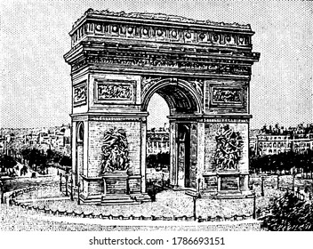 The Image Shows Arc De Triomphe De L'etolile In Paris, Obey Bit Gate Is Shown Here, Vintage Line Drawing Or Engraving, Vintage Illustration.