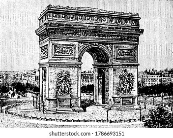 The image shows Arc de Triomphe de L'etolile in Paris, obey bit gate is shown here, vintage line drawing or engraving, vintage illustration.