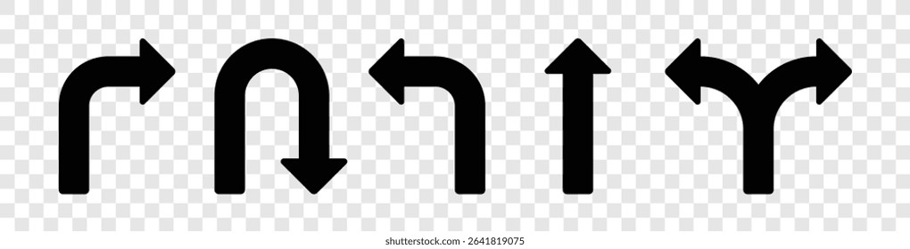 The image shows an arrangement of simple, solid black arrows illustrating various directional options. These include turns, straight paths, U-turns, and bifurcations.