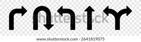 The image shows an arrangement of simple, solid black arrows illustrating various directional options. These include turns, straight paths, U-turns, and bifurcations.