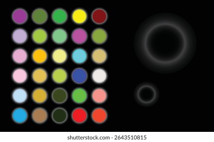 Image shows an array of colorful circles with a glowing effect and two dark concentric rings on the right side of the image.