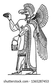 The image shows Assur. It is also called Ashur. It is human like the structure of the body and the face is like a bird. It also has wings, vintage line drawing or engraving illustration.