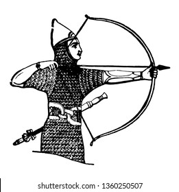 The image shows the Assyrian archer. He has an arrow and bow in his hand and he is wearing a mesh suit. He has a chain around the stomach, vintage line drawing or engraving illustration.