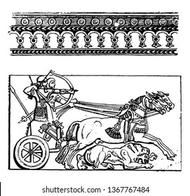 The image shows the Assyrian divider 2. There are two warriors inside the chariot. One of them holds the thread and the other holds a bow and arrows, and the lion is present under the horse, vintage