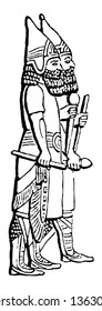 The image shows Assyrian figures. There are two servants who are outside a palace in ancient Assyria, vintage line drawing or engraving illustration.