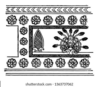 The image shows the Assyrian ornament. The flowers are present around the border. It is derived from Egyptian originals and the set has double edge, vintage line drawing or engraving illustration.