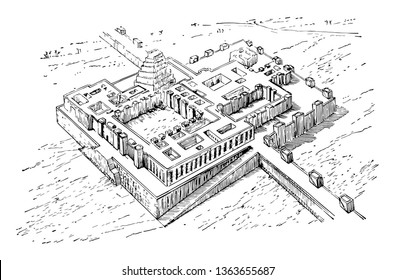 The image shows the Assyrian Palace. It's a big old palace a long time ago. There is a river next to the Assyrian Palace, vintage line drawing or engraving illustration.