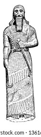 The image shows an Assyrian statue. It is made of stone and with a gun in your hand, vintage line drawing or engraving illustration.