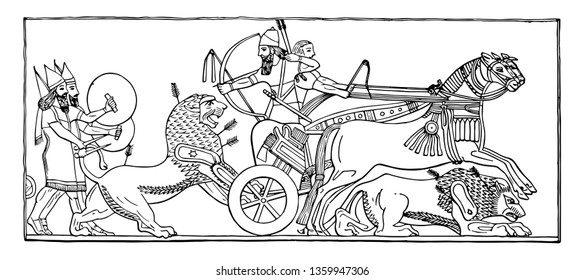 The image shows Bas Assyria. It is also called as Carro and in which two kings are present. There is a lion that gets together in the car and two humans following that lion, vintage line drawing