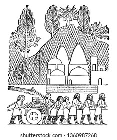 A imagem mostra o relevo do baixo. É um grupo de edifícios em Kuyunjik. Há oito humanos, seis humanos na frente do veículo e dois humanos nas costas, vintage linha de desenho ou gravura ilustração.