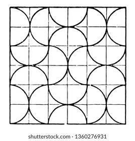 The image shows a beautiful tiling design along with a repetitive design pattern. Square in which there are ten rows and ten columns with arc and joining two rows and rows is generated half a circle