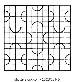 The image shows a beautiful tiling design along with a repetitive design pattern. Square in which there are 12 rows and 12 columns and each row has a bow, generates a creative design, vintage