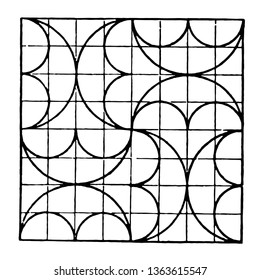 The image shows a beautiful tiling design along with a repetitive design pattern. The square in which there are ten rows and ten columns and each row has an arch, generates a creative half-moon design