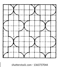 The image shows a beautiful tiling design along with a repetitive design pattern, vintage line drawing or engraving illustration.