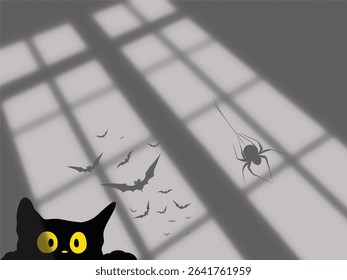 The image shows a black cat peeking out from the bottom of the frame, with the shadows of a window cast across the background. Shadows are formed when an object blocks light. 