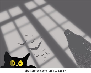 The image shows a black cat peeking out from the bottom of the frame, with the shadows of a window cast across the background. Shadows are formed when an object blocks light. 