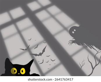 The image shows a black cat peeking out from the bottom of the frame, with the shadows of a window cast across the background. Shadows are formed when an object blocks light. 