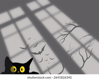The image shows a black cat peeking out from the bottom of the frame, with the shadows of a window cast across the background. Shadows are formed when an object blocks light. 