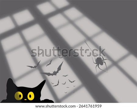 The image shows a black cat peeking out from the bottom of the frame, with the shadows of a window cast across the background. Shadows are formed when an object blocks light. 