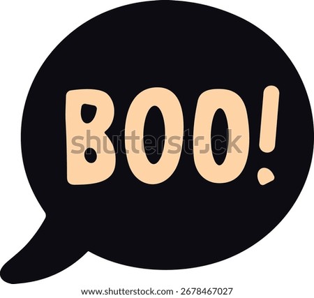The image shows a black comic-style speech bubble with the word “BOO!” in beige letters, topped with a brown witch hat decorated with a small beige leaf design, creating a playful Halloween theme.