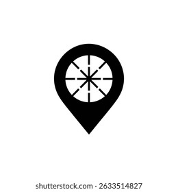 Image shows a black navigational pointer containing a circle with eight lines inside it, set on a transparent backdrop.