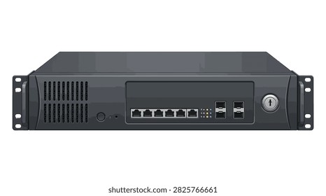 The image shows a black rack-mount server with a vented grille on the front panel and two ethernet ports on the right side. A power button, indicator lights, and mounting ears with holes are also visible against a white background.