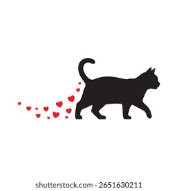 The image shows a black silhouette of a cat walking to the right. A trail of small red hearts follows behind the cat, emanating from its rear. 