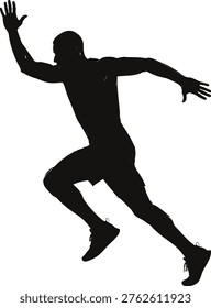 The image shows a black silhouette of a human figure in a dynamic pose, seemingly in mid-jump or fall. The arms are outstretched horizontally, and one leg is bent forward while the other is extended backward, capturing a sense of movement and balance.