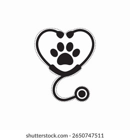 The image shows a black silhouette of a stethoscope shaped like a heart with a paw print in the center. 